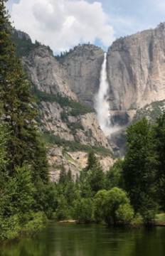 Merced River and Yosemite Falls in Yosemite National Park, CA